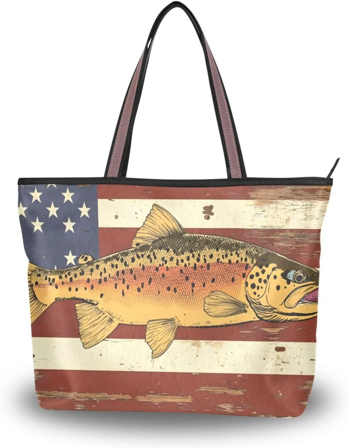 Trout America Women Tote Bag with Zipper, Patterned Handbag Purse Reusable Grocery Bag Large