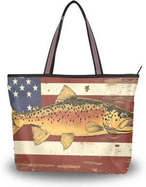Trout America Women Tote Bag with Zipper, Patterned Handbag Purse Reusable Grocery Bag Large