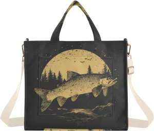 Trout Vintage Tote Bag for Women Corduroy Handbag Purse with Detachable Strap Small Size
