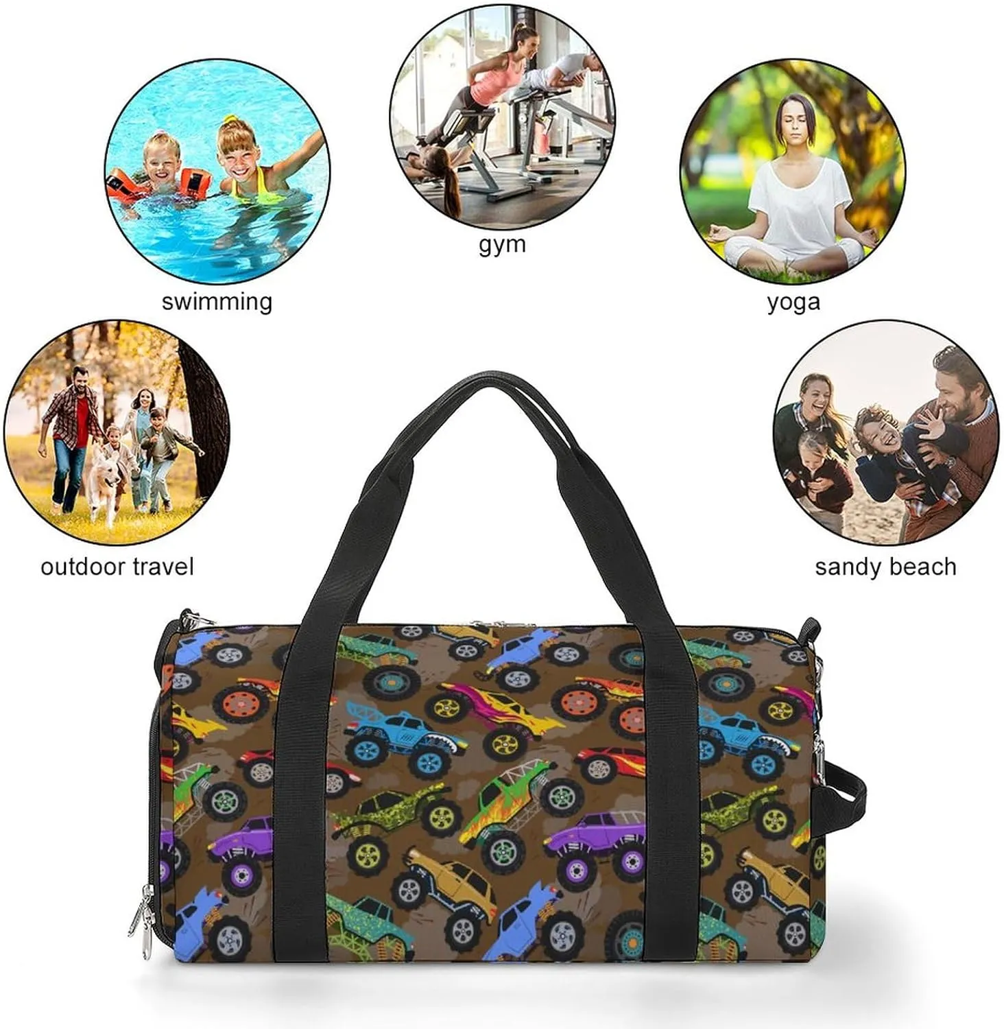 Truck Cartoon Vehicles Sports Tote Gym Bag for Women Men, Overnight Bag with Shoe Compartment Water Resistant