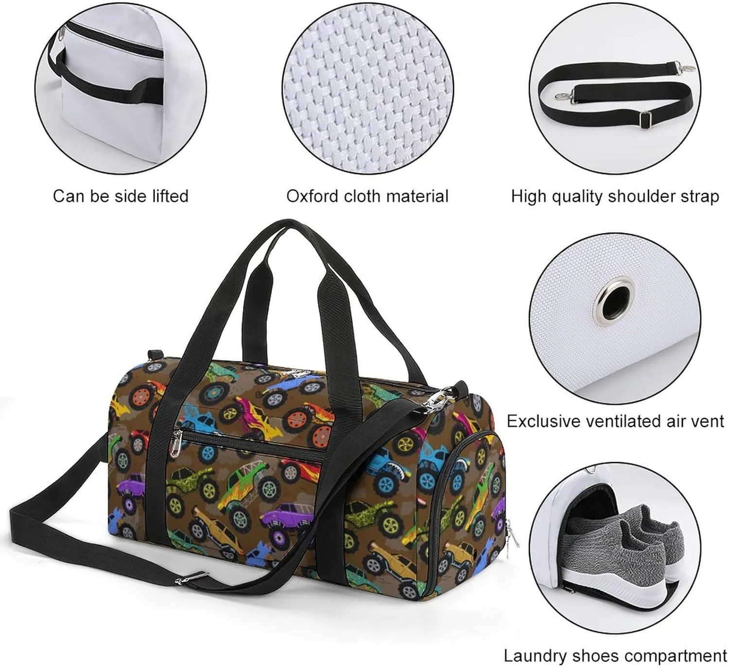 Truck Cartoon Vehicles Sports Tote Gym Bag for Women Men, Overnight Bag with Shoe Compartment Water Resistant