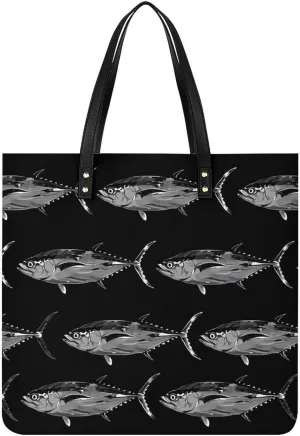 Tuna Fish Leather Tote Bag for Women Men Shoulder Bag Casual Handbag Work Bag 39x39cm