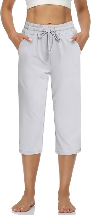 UEU Women's Comfy Drawstring Yoga Capri Pants Loose Workout Sweatpants Wide Leg Lounge Pants with Pockets