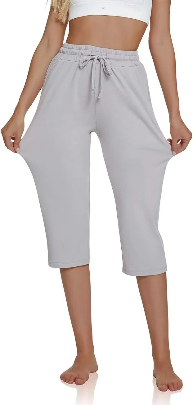 UEU Women's Comfy Drawstring Yoga Capri Pants Loose Workout Sweatpants Wide Leg Lounge Pants with Pockets