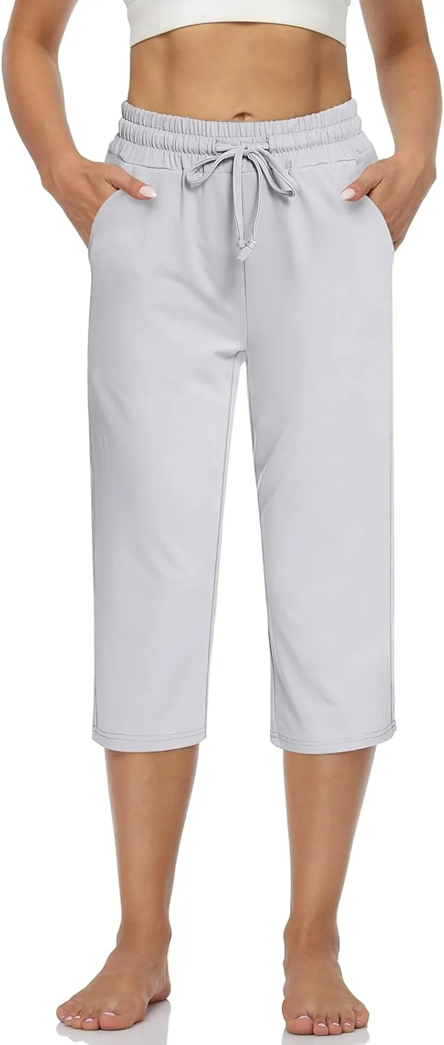 UEU Women's Comfy Drawstring Yoga Capri Pants Loose Workout Sweatpants Wide Leg Lounge Pants with Pockets