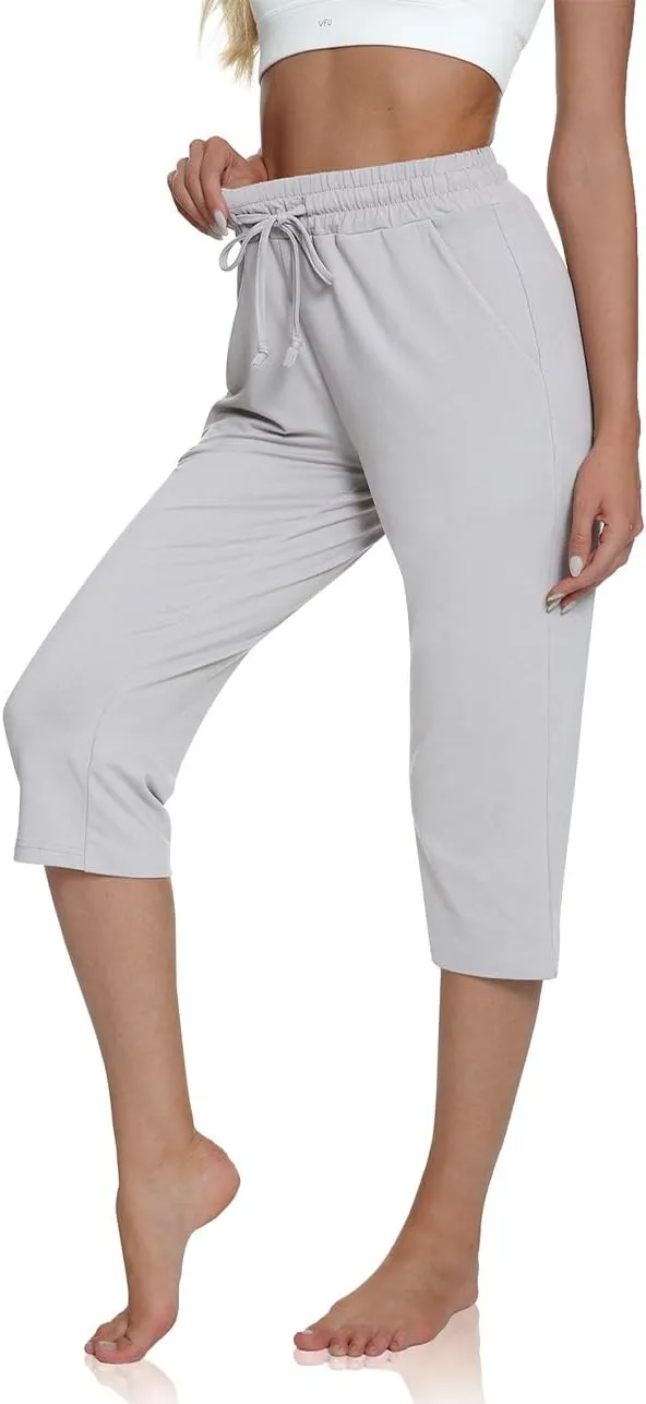UEU Women's Comfy Drawstring Yoga Capri Pants Loose Workout Sweatpants Wide Leg Lounge Pants with Pockets