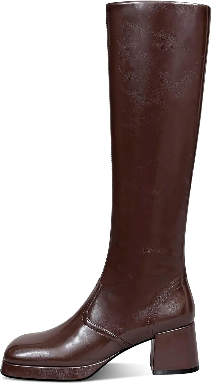 USIMAD Womens Knee High Boots - Chunky Heel Platform Boots with Square Toe, Side Zipper, Tall Length
