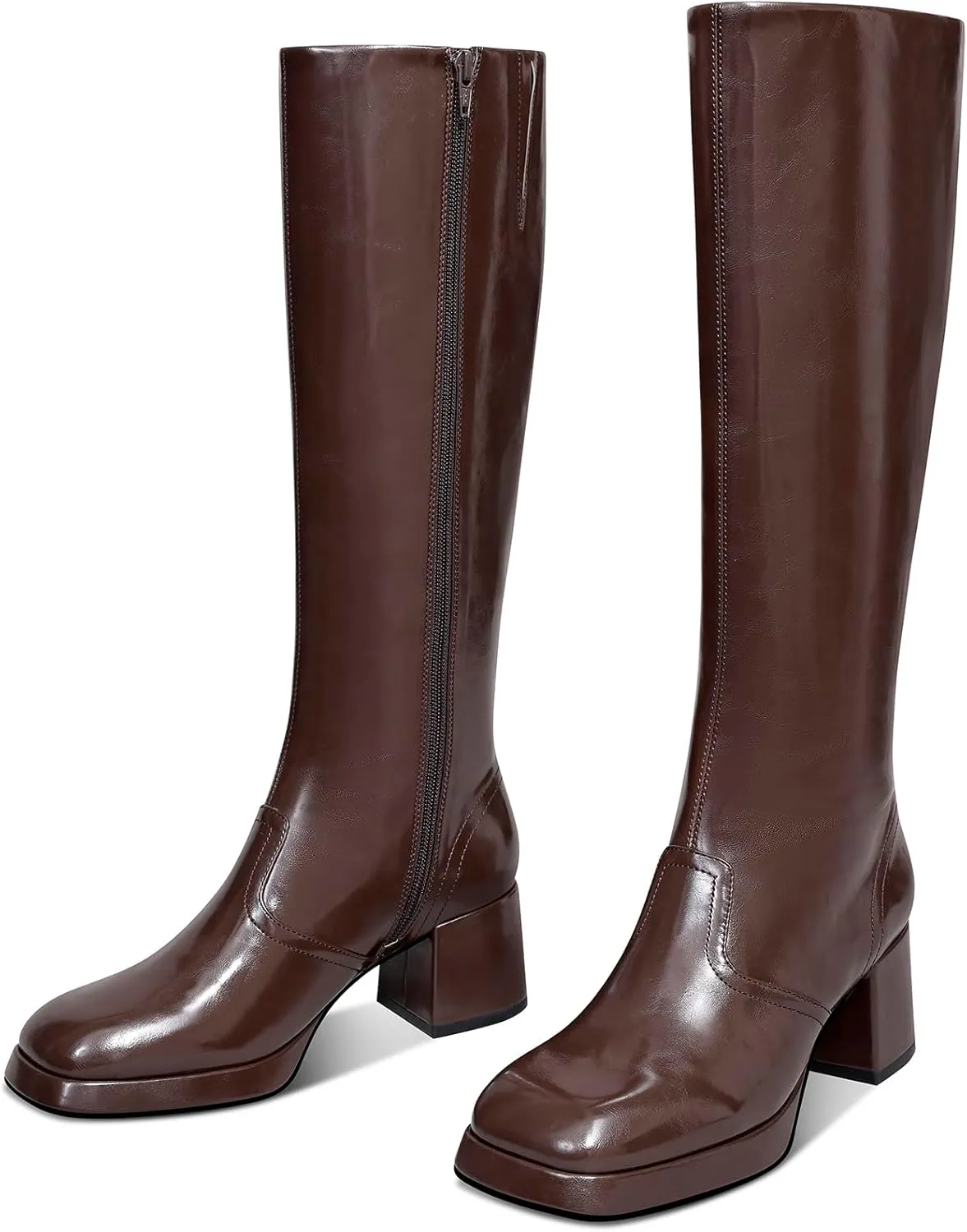 USIMAD Womens Knee High Boots - Chunky Heel Platform Boots with Square Toe, Side Zipper, Tall Length