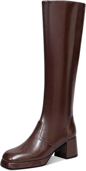 USIMAD Womens Knee High Boots - Chunky Heel Platform Boots with Square Toe, Side Zipper, Tall Length