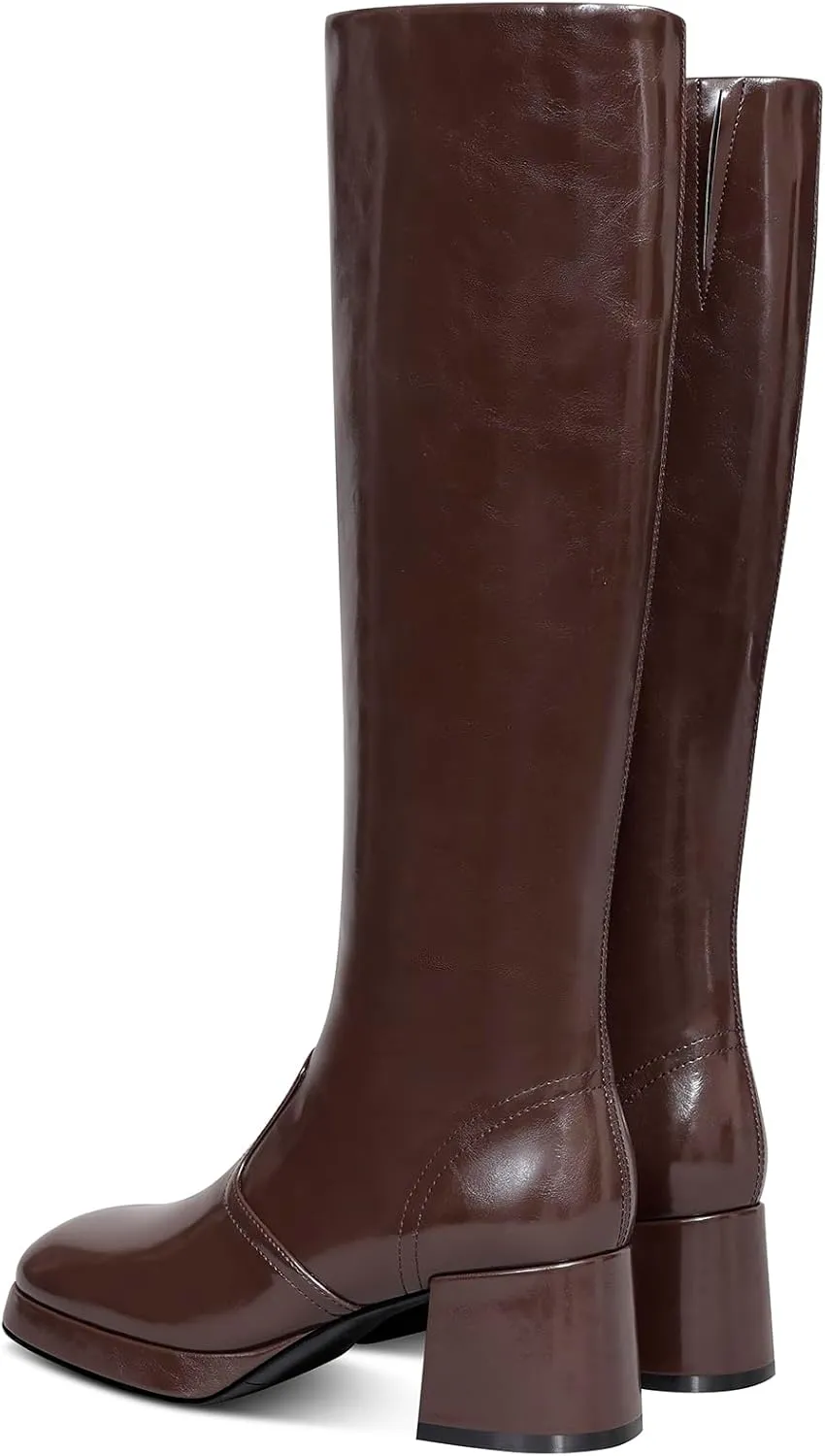 USIMAD Womens Knee High Boots - Chunky Heel Platform Boots with Square Toe, Side Zipper, Tall Length