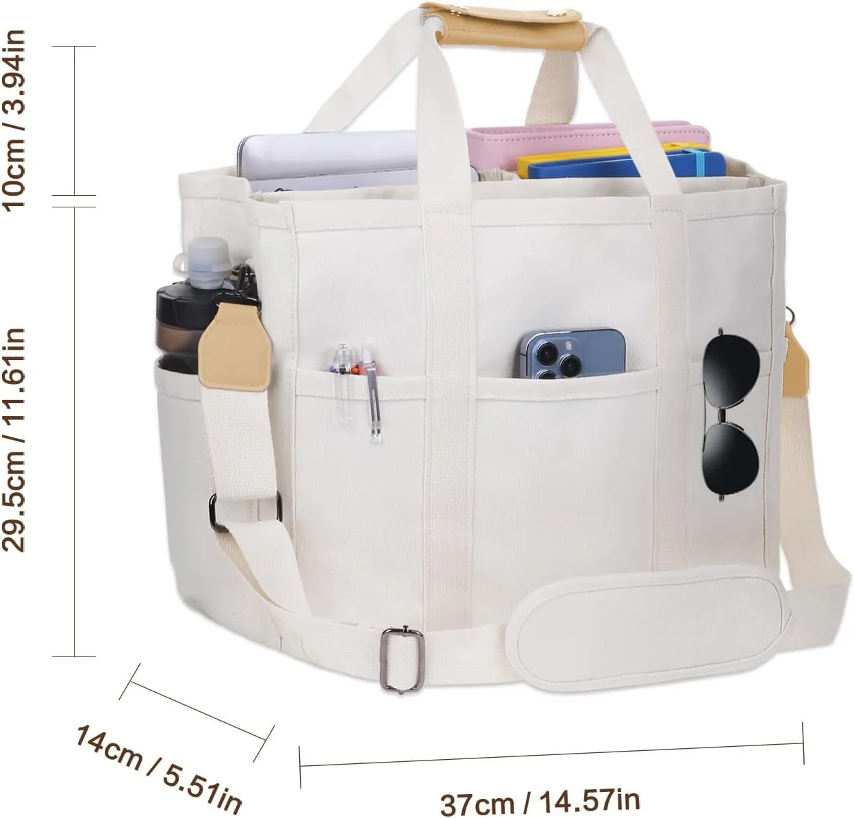 Utility Large Canvas Tote Bag with 13 Pockets Compartments, Multi Crossbody Tote Bag Work Shoulder Bag Travel Bag