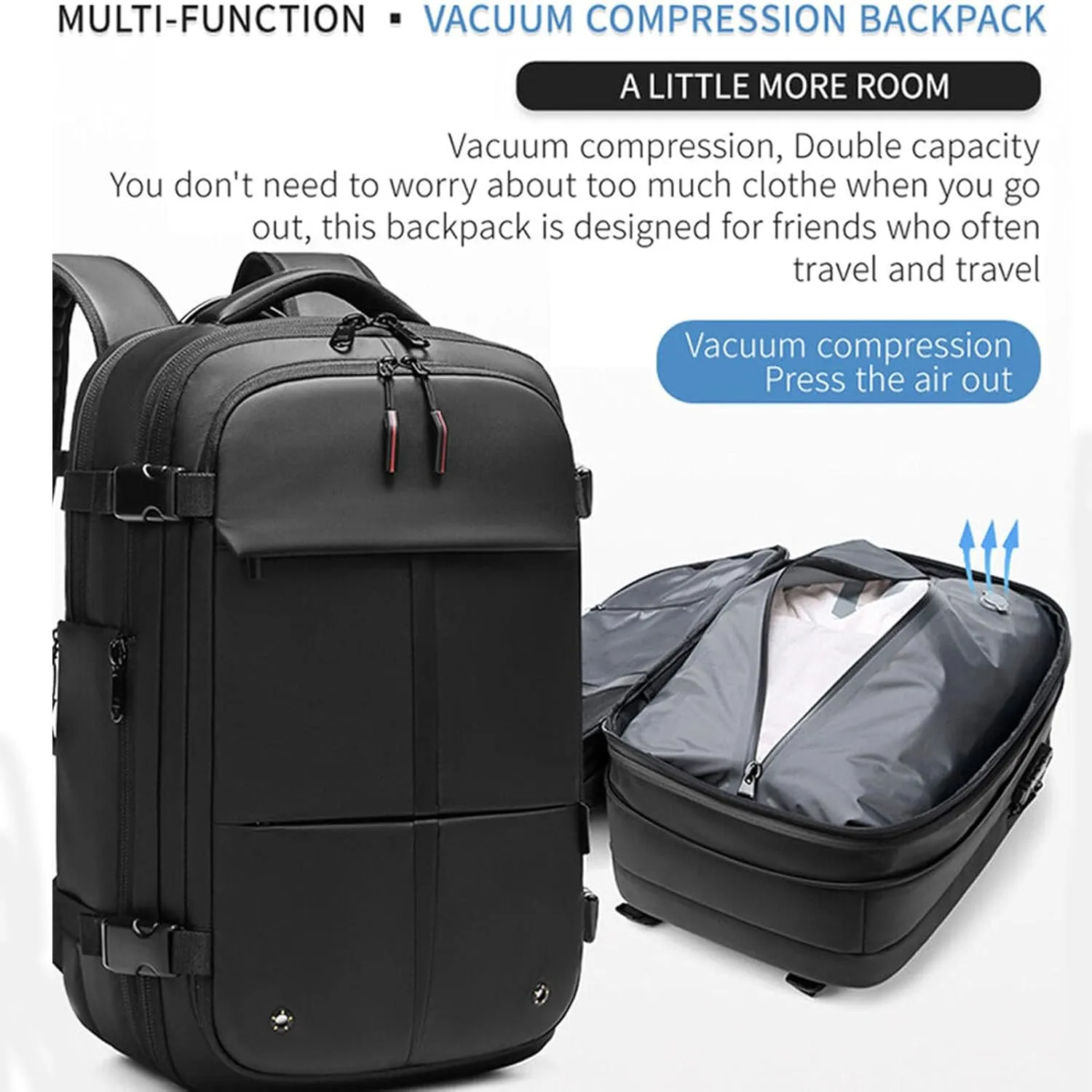 Vacpack Backpack, Vacpack Vacuum Backpack Luggage, Waterproof And Anti-Theft Expandable Large Capacity (Black   Vacuum Pump)
