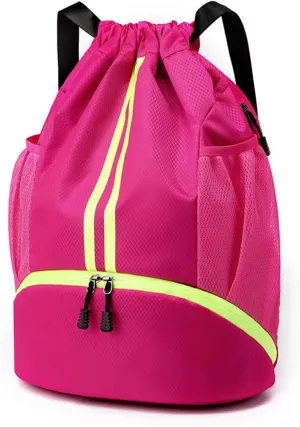 Valleycomfy Sports Drawstring Backpack - Water Resistant String Bag with Side Mesh Pockets Shoe Compartment Gym Backpack for Women & Men Rose