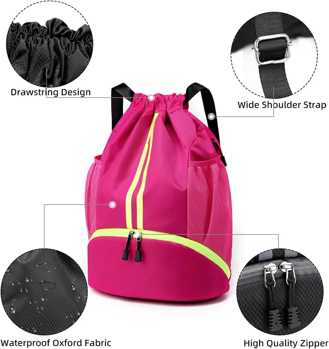 Valleycomfy Sports Drawstring Backpack - Water Resistant String Bag with Side Mesh Pockets Shoe Compartment Gym Backpack for Women & Men Rose