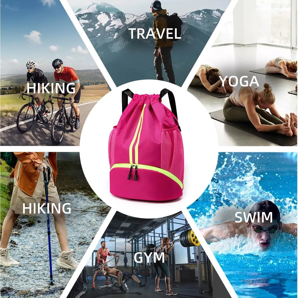 Valleycomfy Sports Drawstring Backpack - Water Resistant String Bag with Side Mesh Pockets Shoe Compartment Gym Backpack for Women & Men Rose