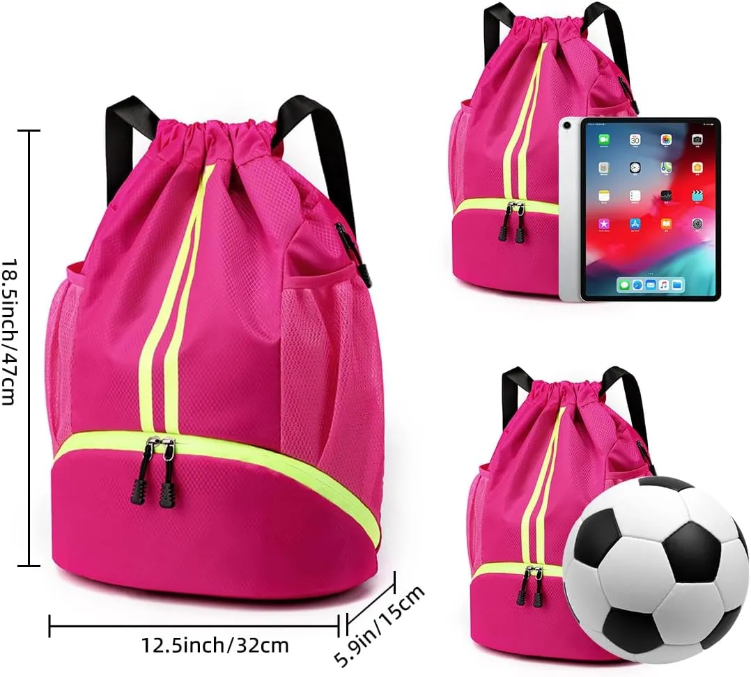 Valleycomfy Sports Drawstring Backpack - Water Resistant String Bag with Side Mesh Pockets Shoe Compartment Gym Backpack for Women & Men Rose