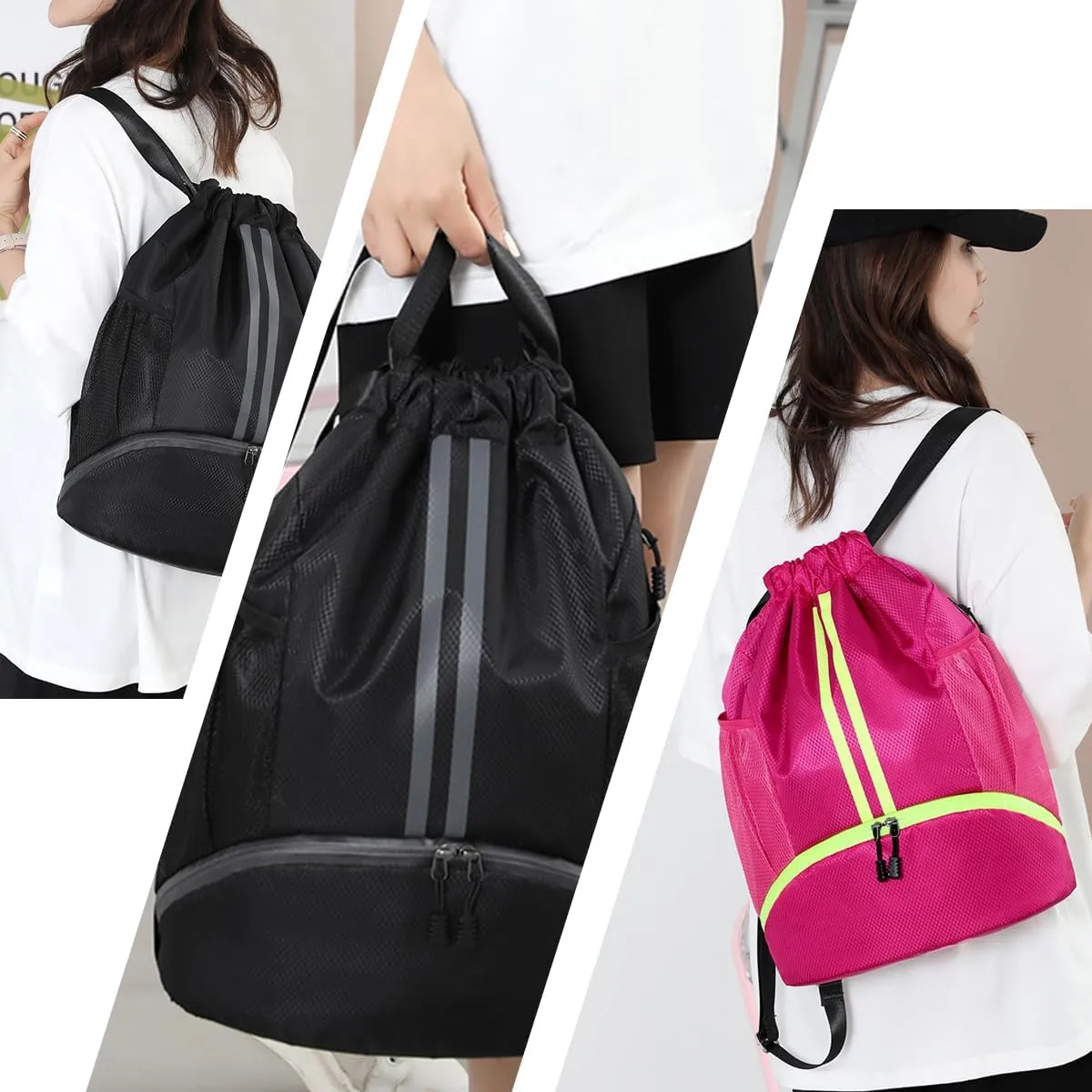 Valleycomfy Sports Drawstring Backpack - Water Resistant String Bag with Side Mesh Pockets Shoe Compartment Gym Backpack for Women & Men Rose