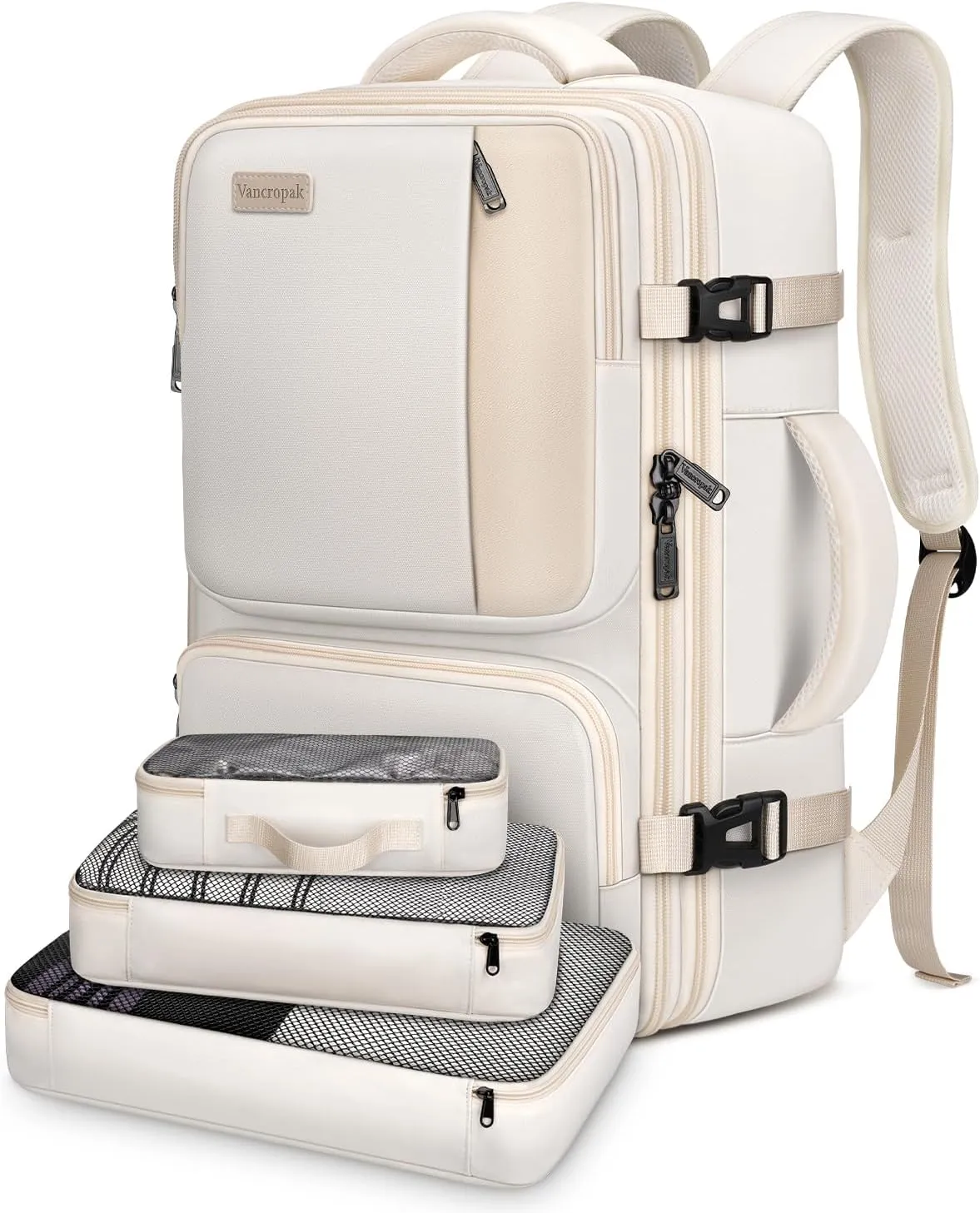 Vancropak Carry on Backpack, Airline Approved 40L Travel Backpack with 3 Packing Cubes for Women, Lightweight Expandable Weekender Overnight Luggage Daypack Suitcase Duffel Bag, Travelers Gifts, Beige