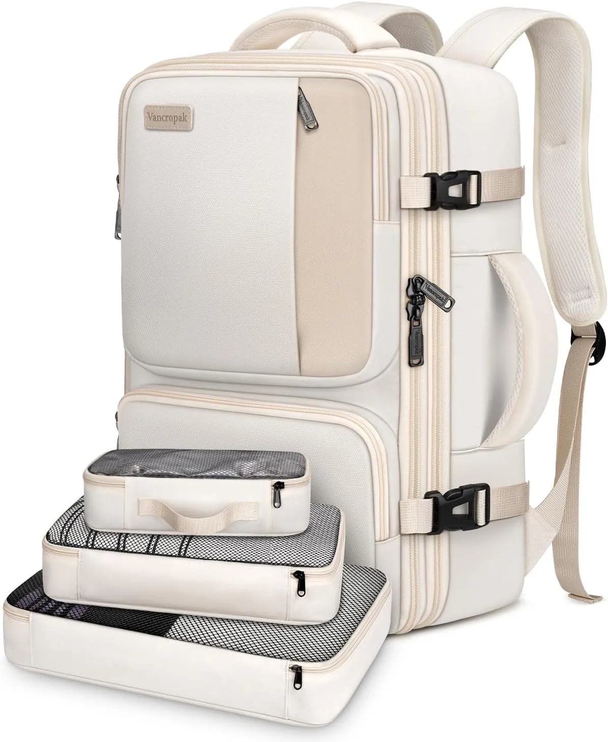 Vancropak Carry on Backpack, Airline Approved 40L Travel Backpack with 3 Packing Cubes for Women, Lightweight Expandable Weekender Overnight Luggage Daypack Suitcase Duffel Bag, Travelers Gifts, Beige