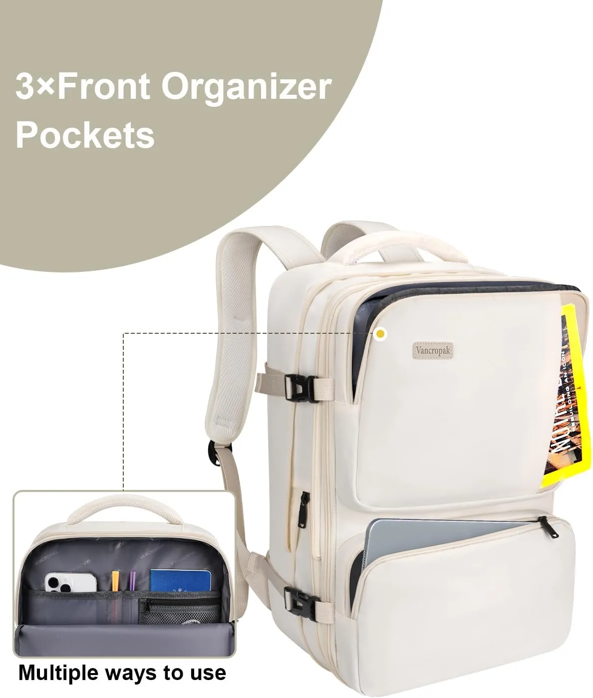 Vancropak Carry on Backpack, Airline Approved 40L Travel Backpack with 3 Packing Cubes for Women, Lightweight Expandable Weekender Overnight Luggage Daypack Suitcase Duffel Bag, Travelers Gifts, Beige