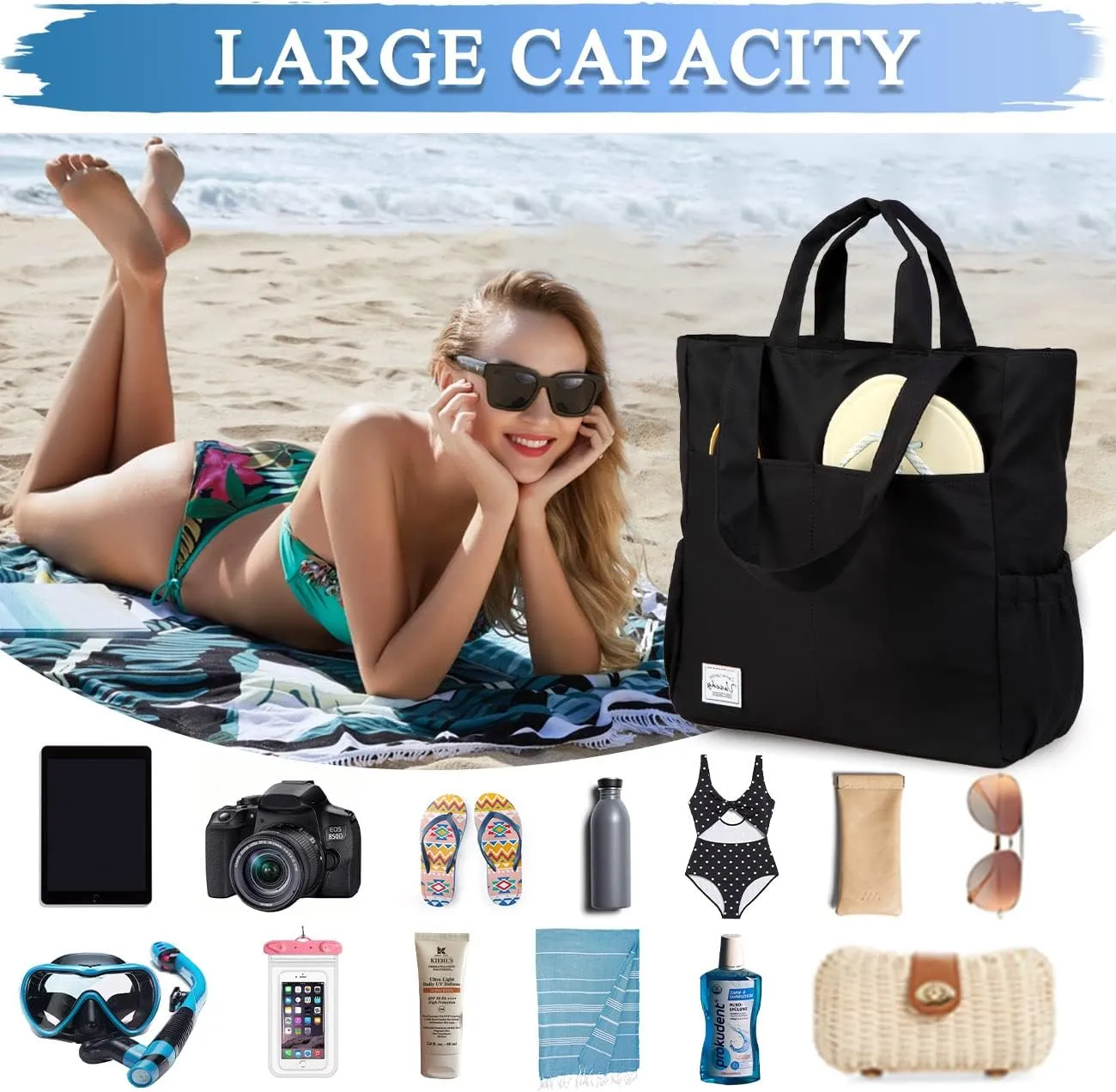 VASCHY Beach Tote Bag for Women, Lightweight Water Resistant Fold-able Large Pool Tote Bag w Zipper for Vocation