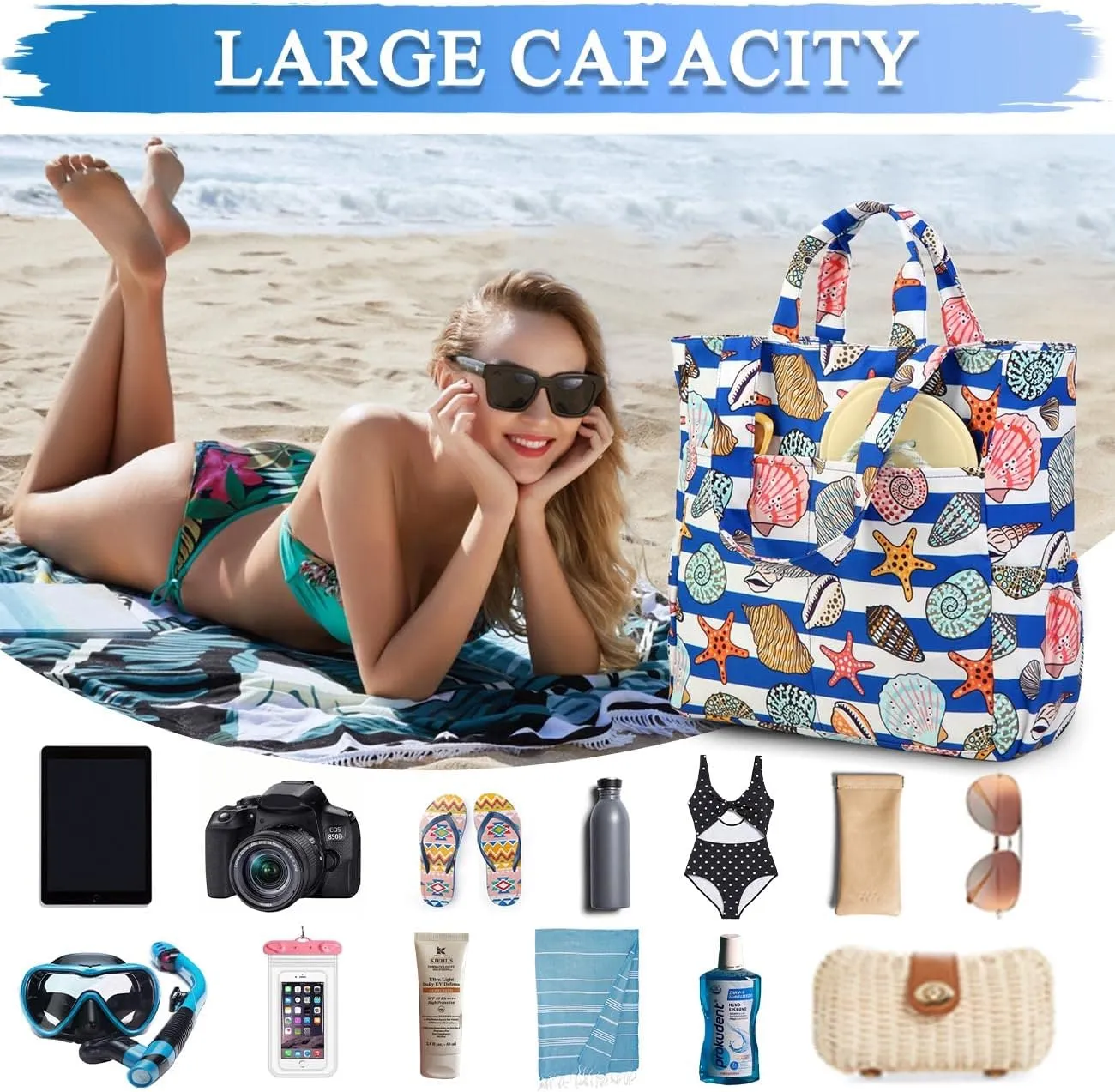 VASCHY Beach Tote Bag for Women, Lightweight Water Resistant Fold-able Large Pool Tote Bag w Zipper for Vocation