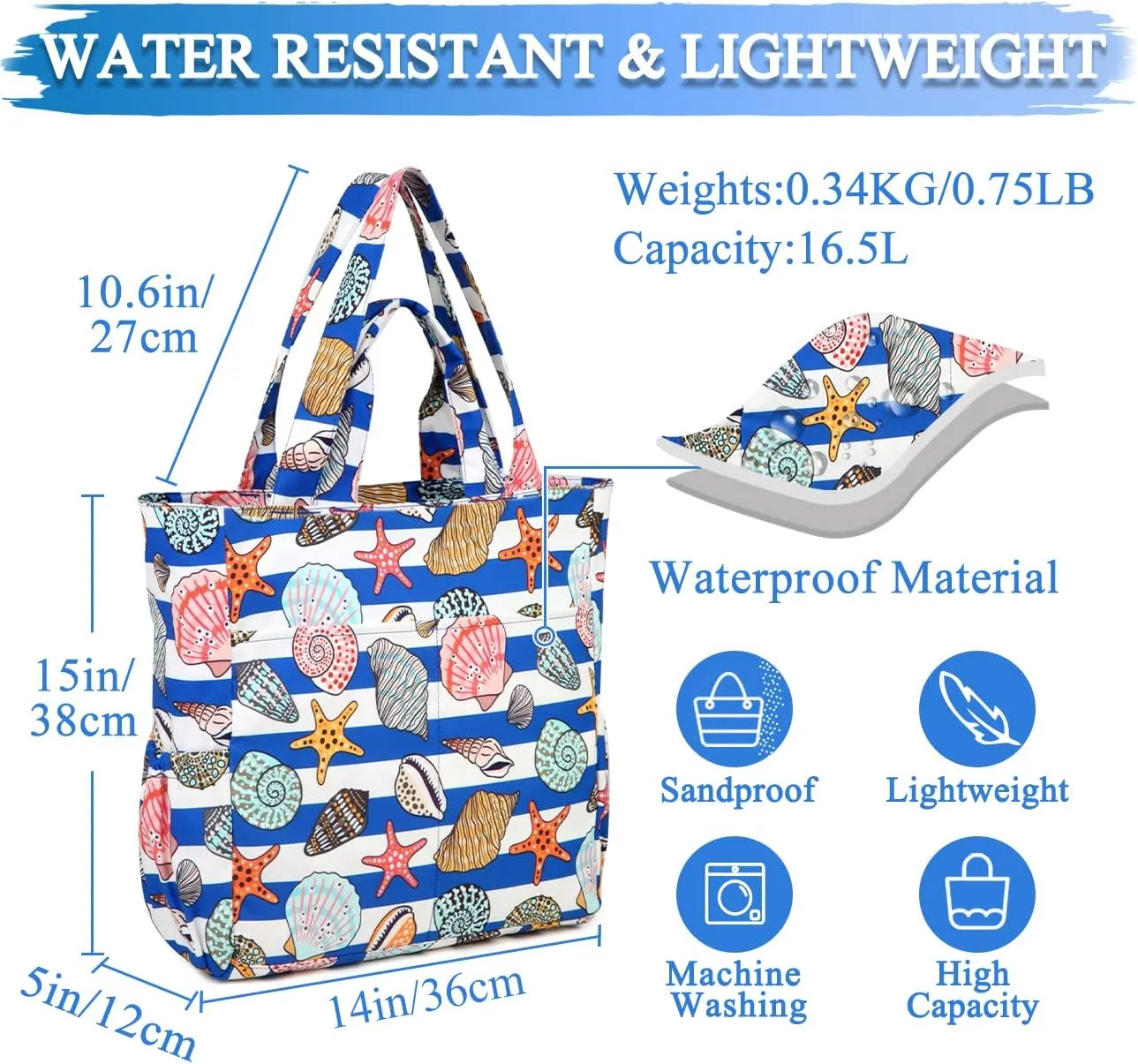 VASCHY Beach Tote Bag for Women, Lightweight Water Resistant Fold-able Large Pool Tote Bag w Zipper for Vocation