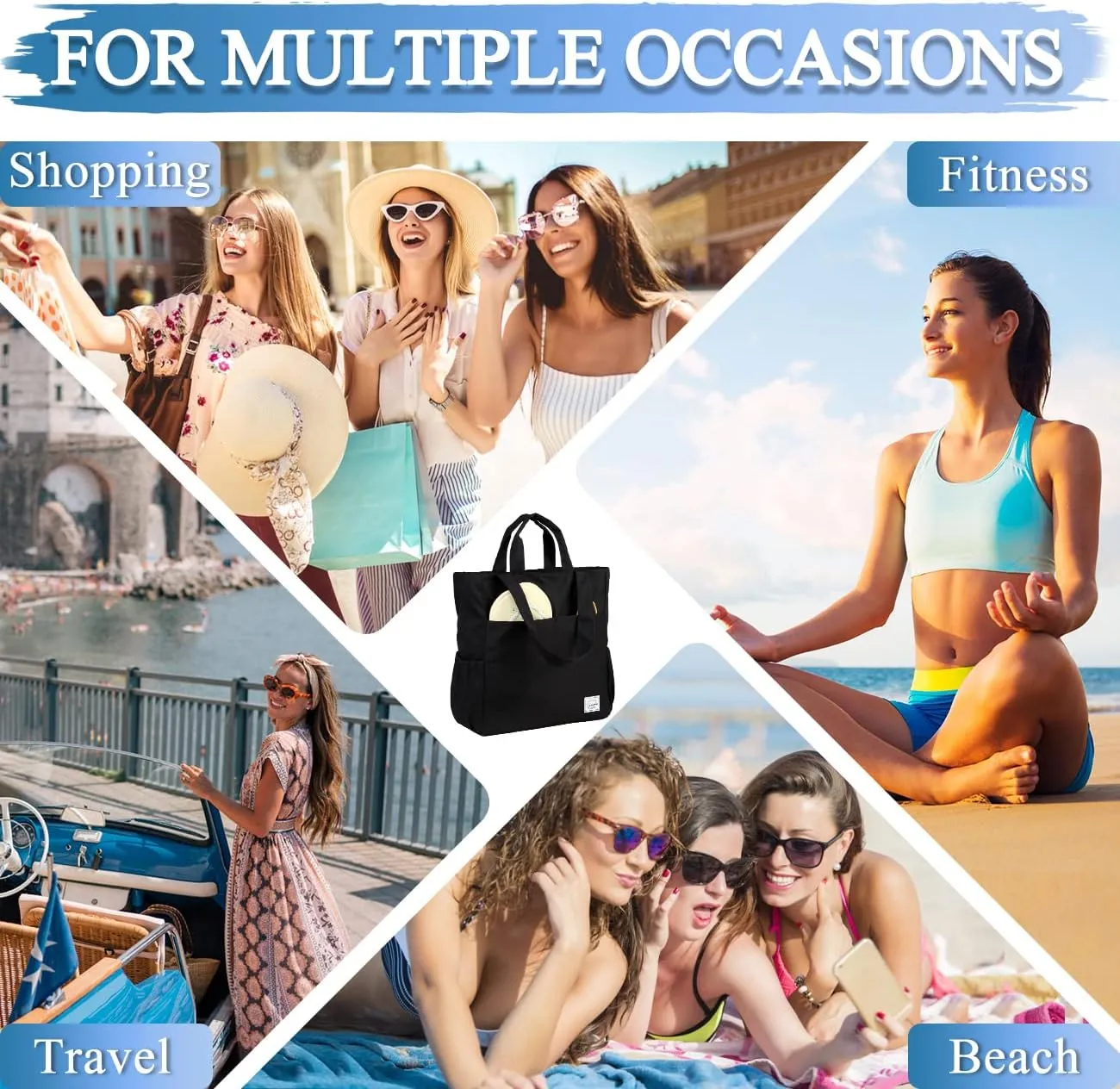 VASCHY Beach Tote Bag for Women, Lightweight Water Resistant Fold-able Large Pool Tote Bag w Zipper for Vocation