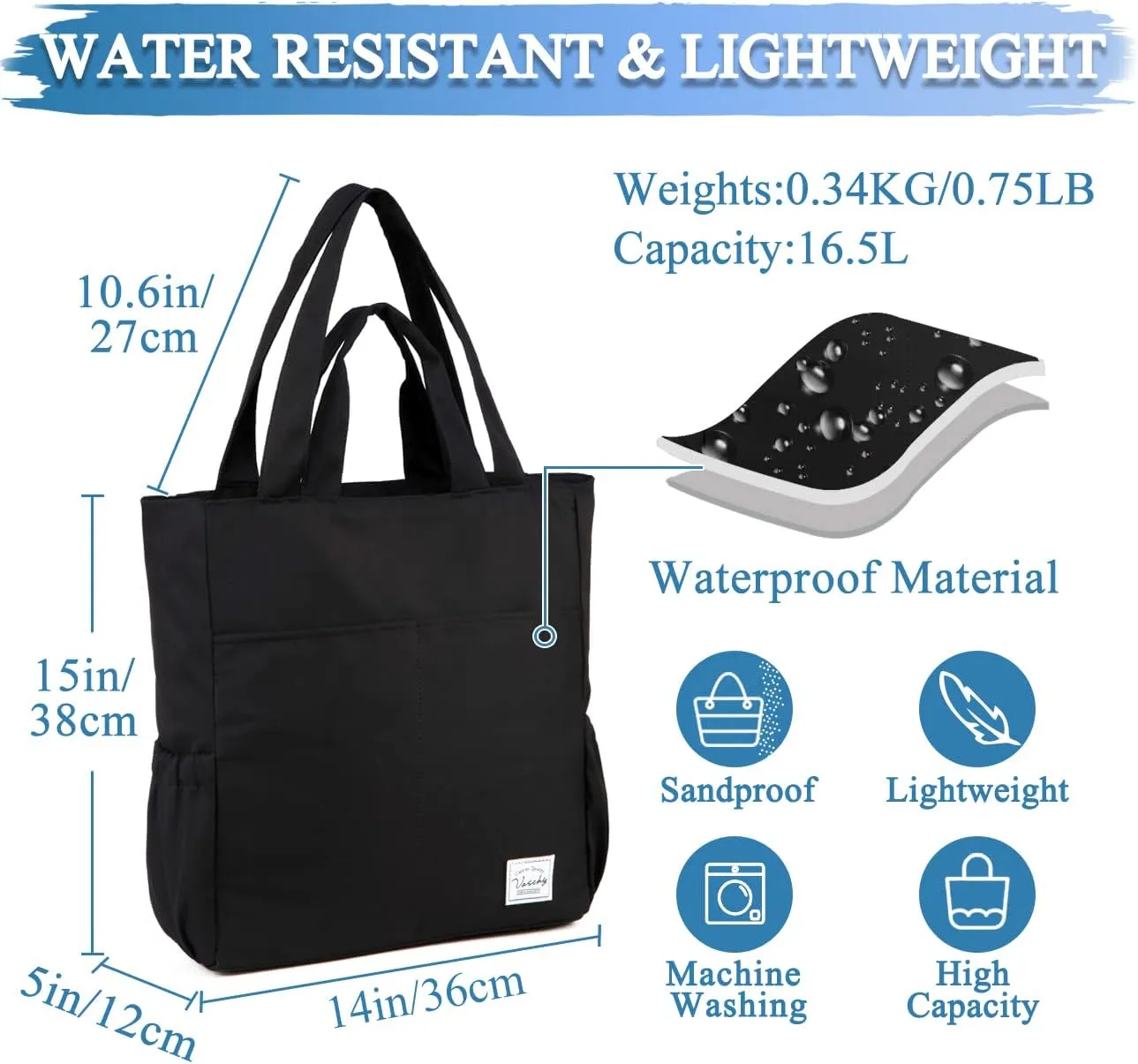 VASCHY Beach Tote Bag for Women, Lightweight Water Resistant Fold-able Large Pool Tote Bag w Zipper for Vocation