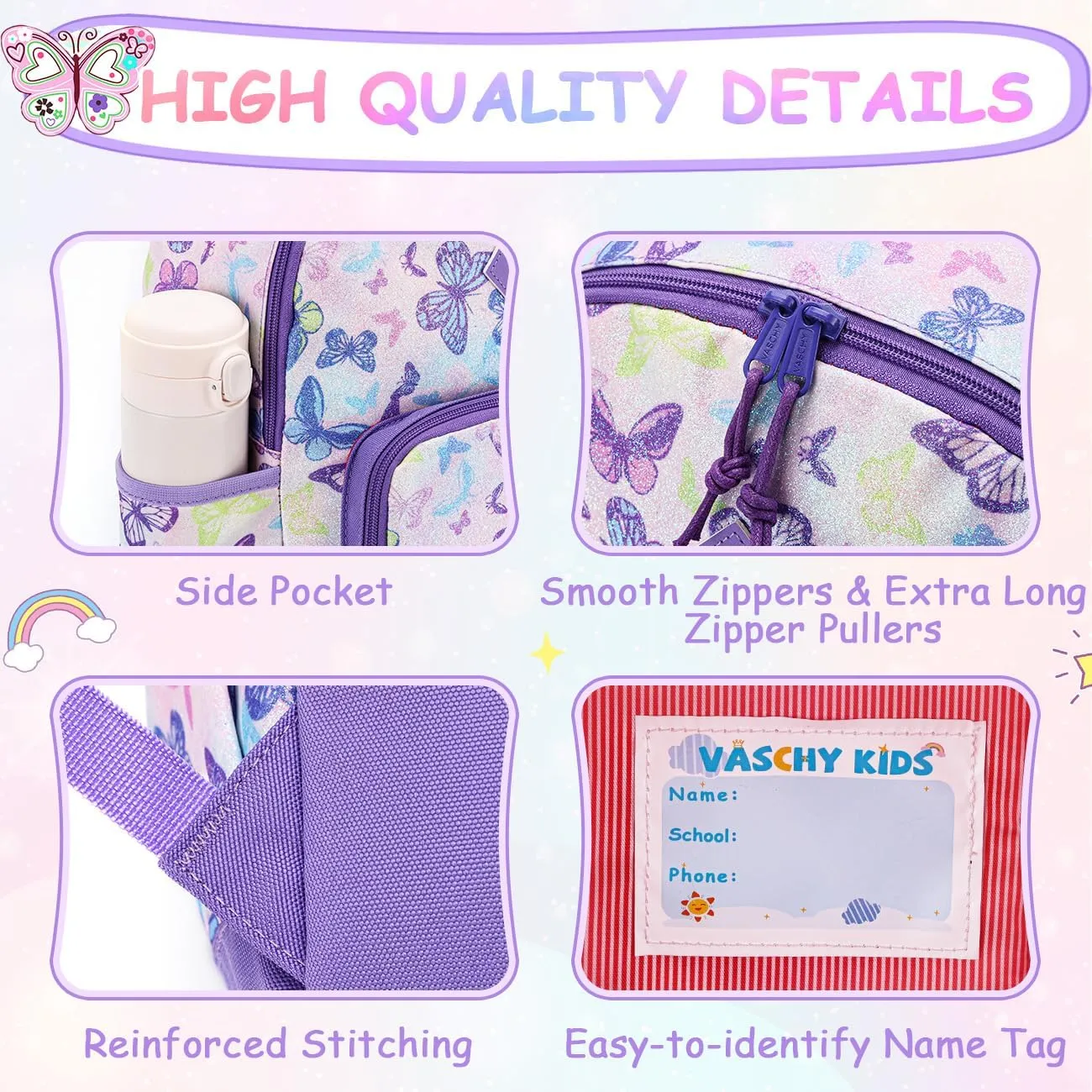 VASCHY Toddler Backpacks Girls, Kids' Cute Water Resistant Giltter Butterfly Daycare Bags for Preschool Kindergarten,Rucksack Schoolbag Bookbag for Children Butterfly