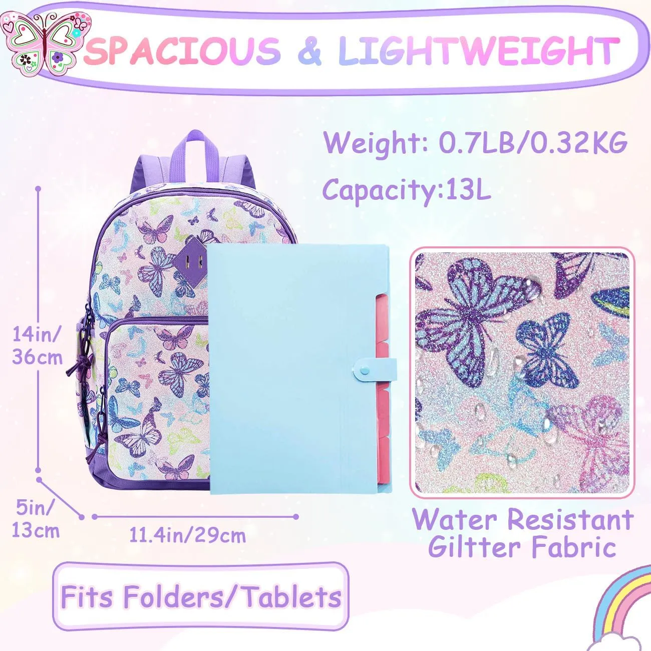 VASCHY Toddler Backpacks Girls, Kids' Cute Water Resistant Giltter Butterfly Daycare Bags for Preschool Kindergarten,Rucksack Schoolbag Bookbag for Children Butterfly