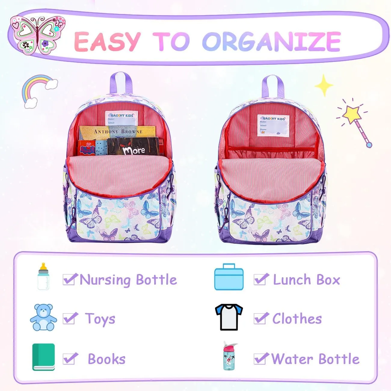 VASCHY Toddler Backpacks Girls, Kids' Cute Water Resistant Giltter Butterfly Daycare Bags for Preschool Kindergarten,Rucksack Schoolbag Bookbag for Children Butterfly