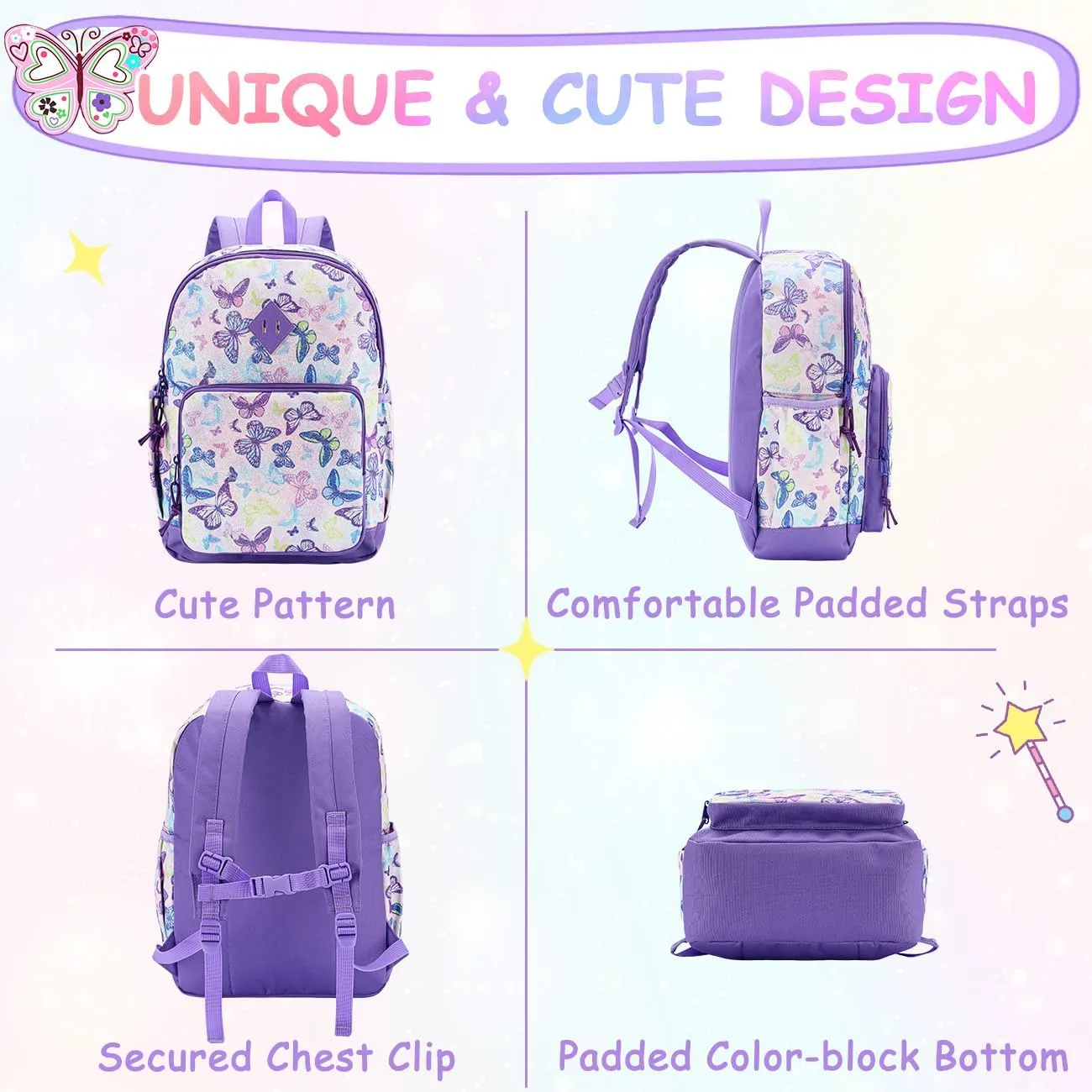 VASCHY Toddler Backpacks Girls, Kids' Cute Water Resistant Giltter Butterfly Daycare Bags for Preschool Kindergarten,Rucksack Schoolbag Bookbag for Children Butterfly