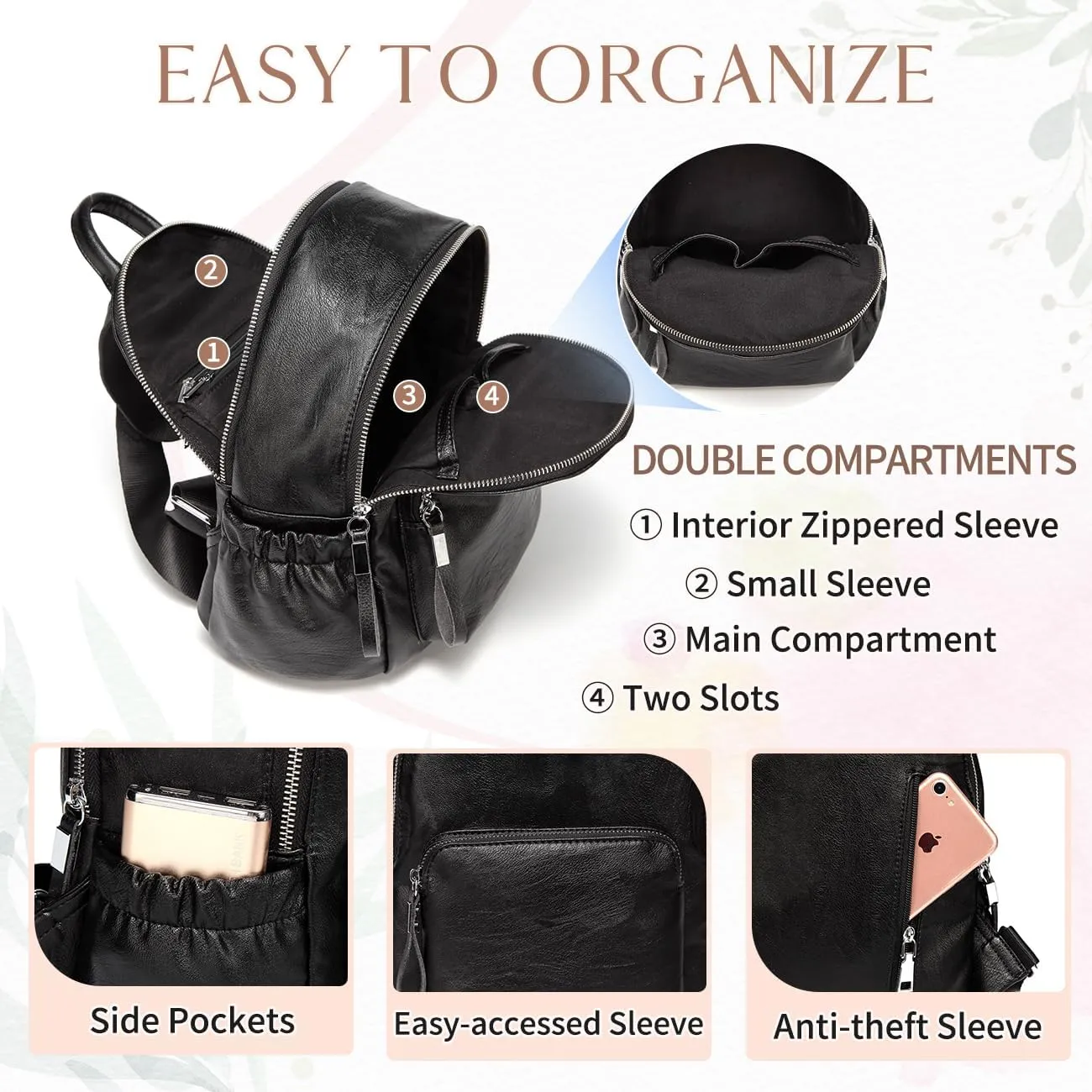 VASCHY Women's Backpacks, Black, Small