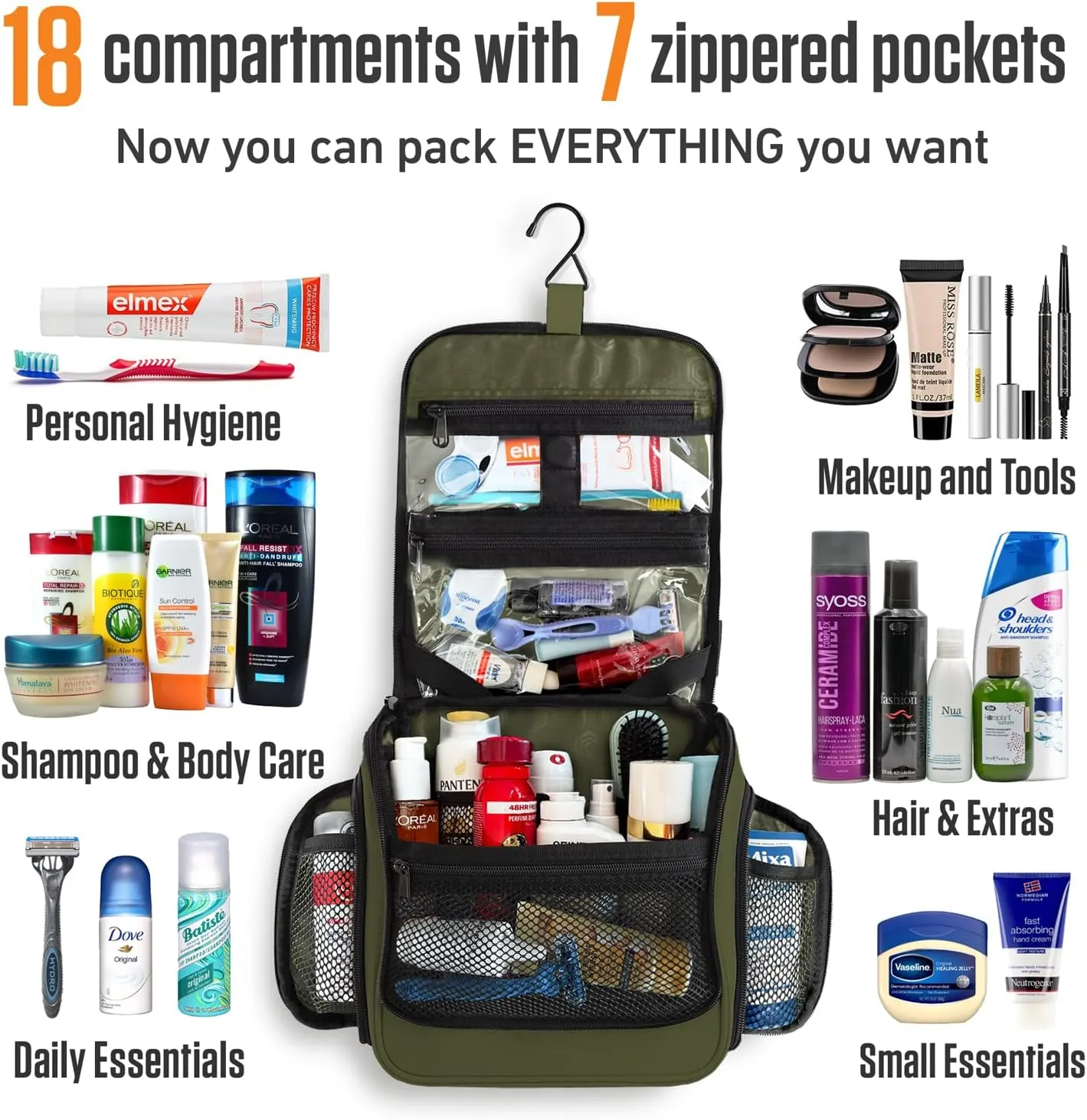 VENTURE 4TH Hanging Travel Toiletry Bag for Women & Men - Travel Organizer with Expandable Compartments & Removable Clear Pouch for Toiletries (Forest Green)