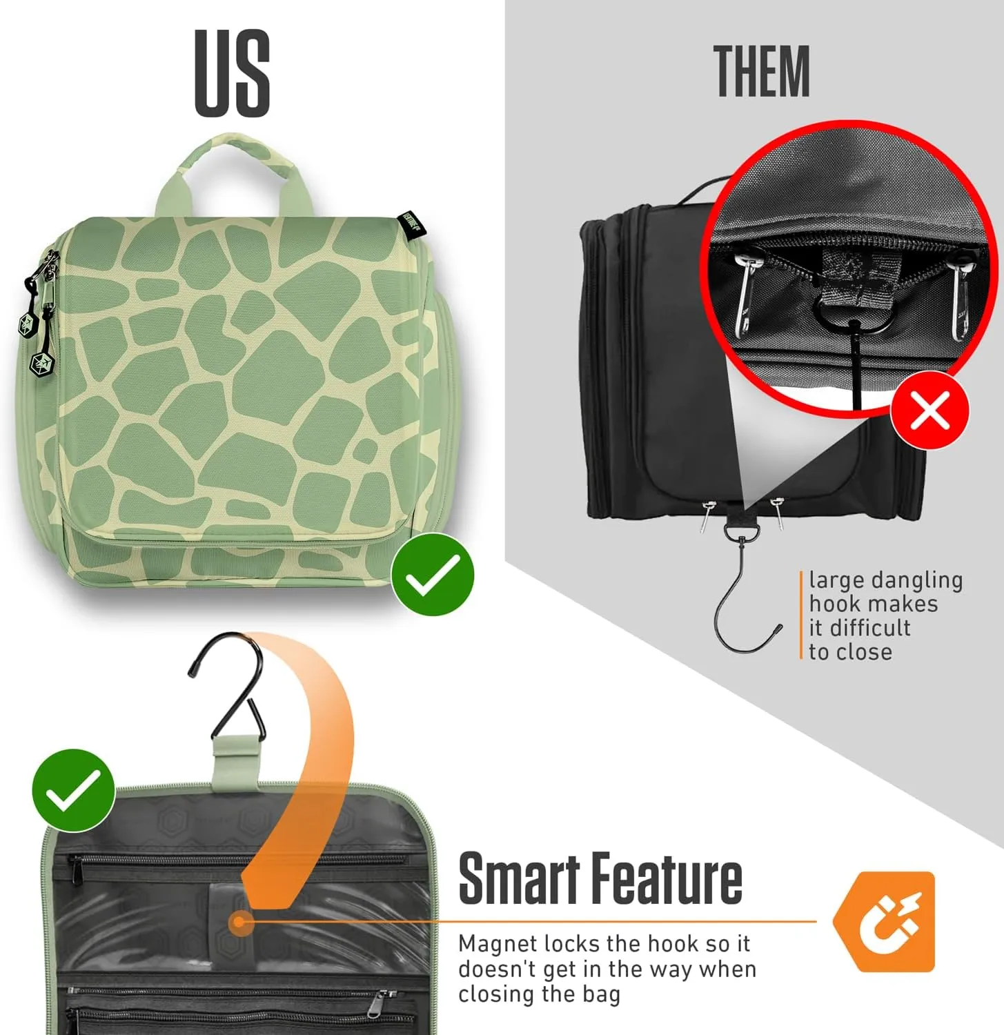 VENTURE 4TH Hanging Travel Toiletry Bag for Women & Men - Travel Organizer with Expandable Compartments & Removable Clear Pouch for Toiletries (Olive Giraffe)