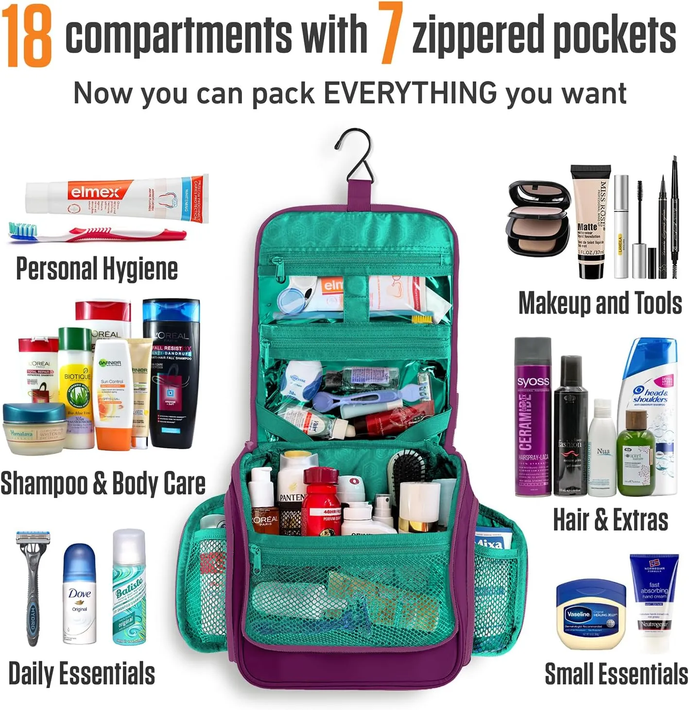 VENTURE 4TH Hanging Travel Toiletry Bag for Women & Men - Travel Organizer with Expandable Compartments & Removable Clear Pouch for Toiletries (Purple/Mint)