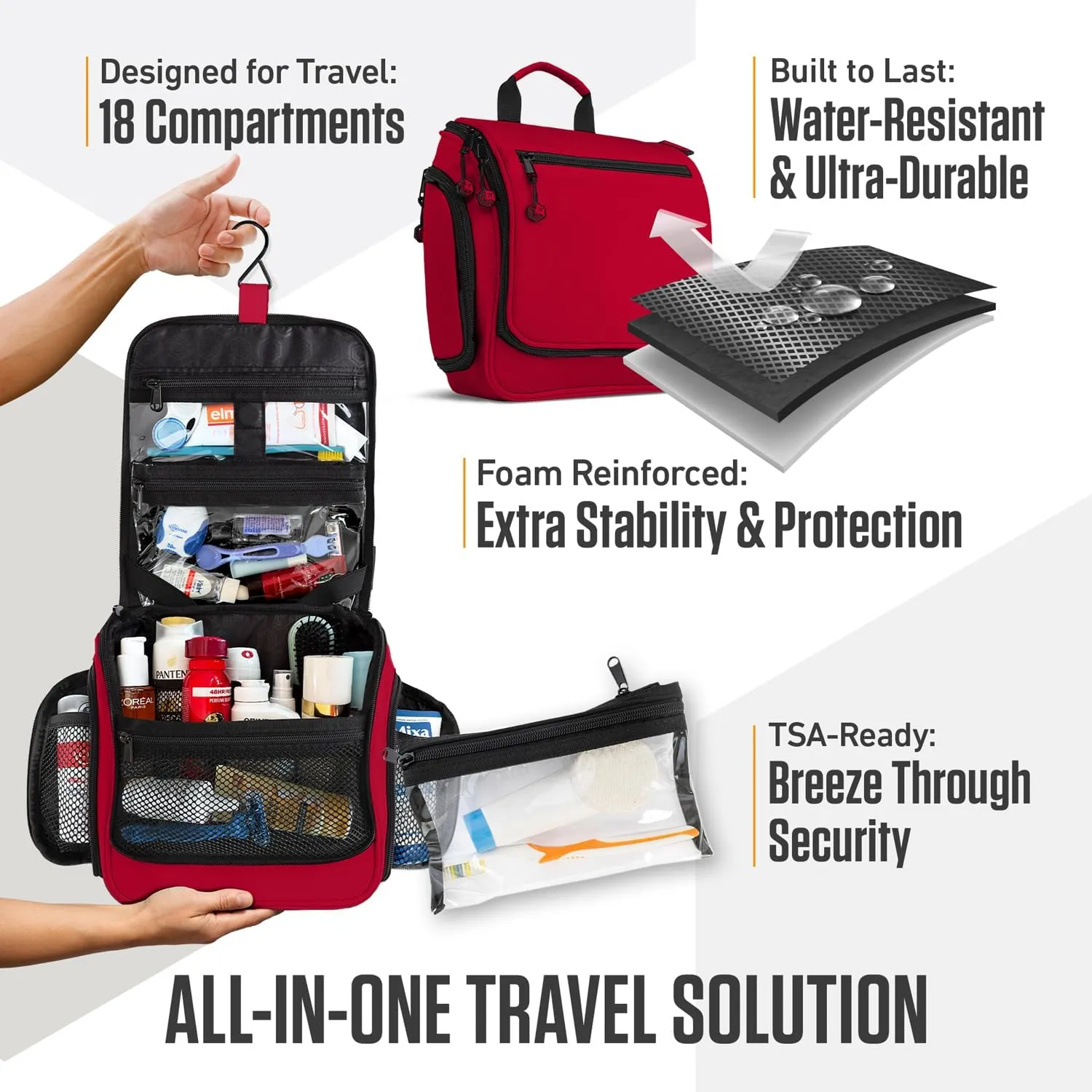 VENTURE 4TH Hanging Travel Toiletry Bag for Women & Men - Travel Organizer with Expandable Compartments & Removable Clear Pouch for Toiletries (Red)