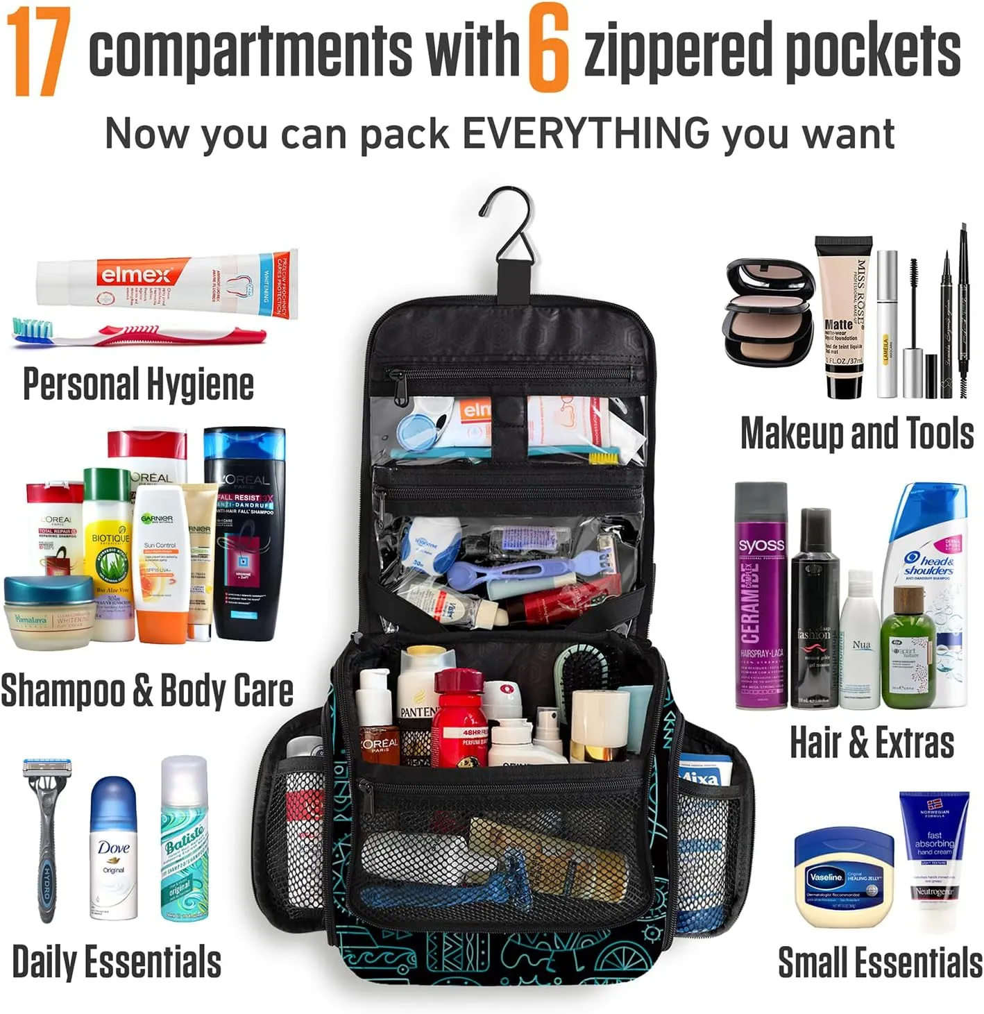 VENTURE 4TH Hanging Travel Toiletry Bag for Women & Men - Travel Organizer with Expandable Compartments & Removable Clear Pouch for Toiletries (Surfing Vibes)