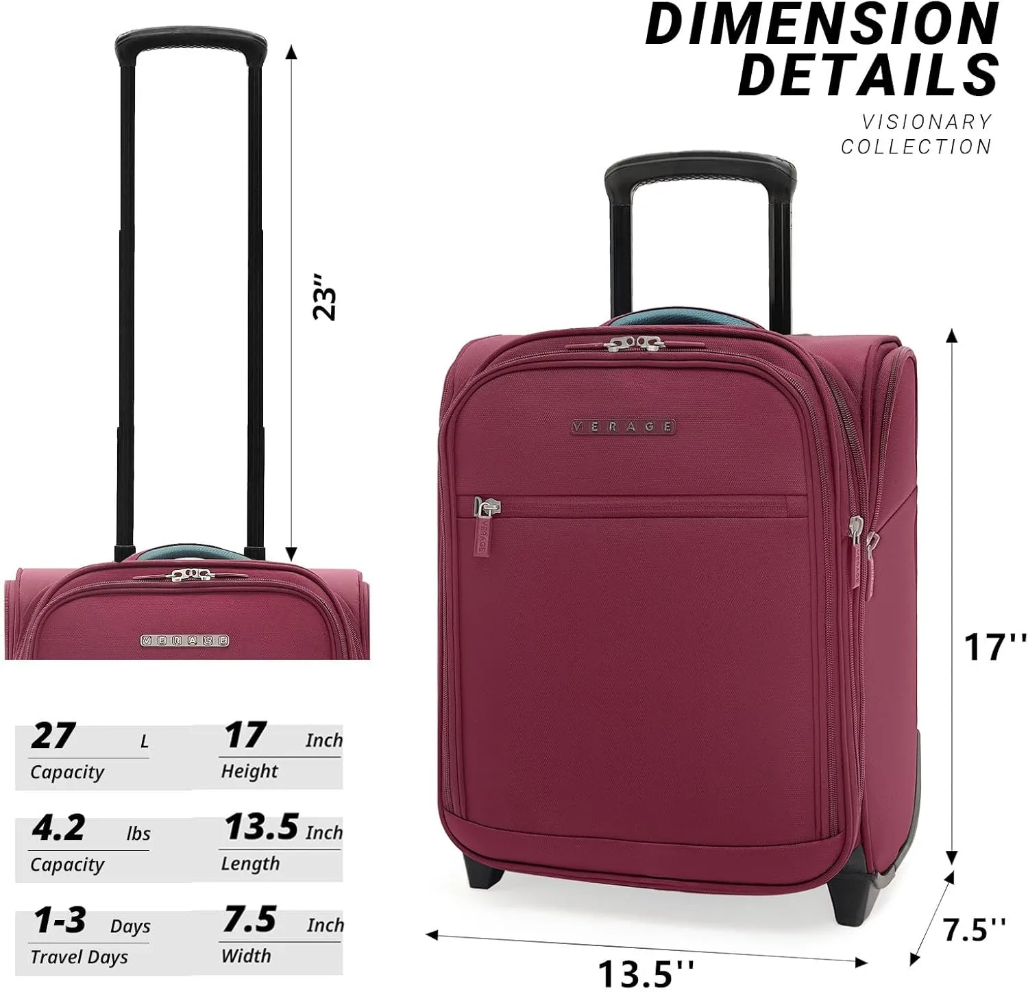 Verage Carry On Underseat Luggage with 2 Wheels & USB Port, 16 Inch Wheeled Spinner Bag Carry-on Luggages for Airlines, Lightweight Suitcase Men Women, Pilots and Crew (Upgrade-16-Inch)