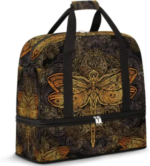 Vintage Dragonfly Retro Mandala Sports Gym Bag Foldable Travel Duffel Bag with Shoes Compartment Dry And Wet Separation Travel Bag For Men Women Yoga Overnight Weekend Holiday