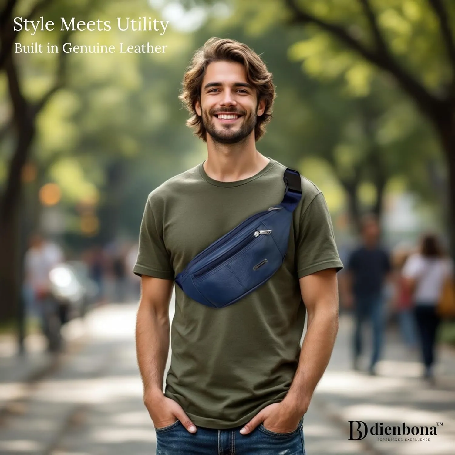 Vintage Genuine Leather Fanny Pack with Key Ring – Spacious Crossbody Sling Bag for Men and Women, Ideal for everyday carry and Travel (Navy)