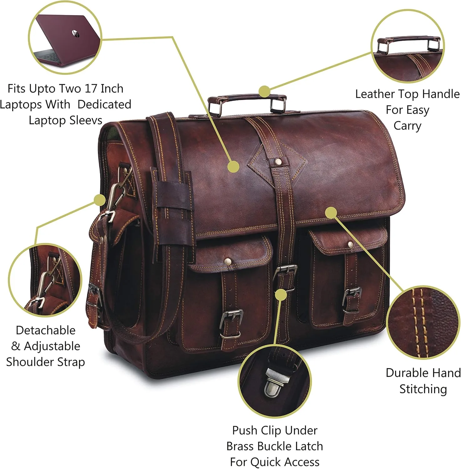 Vintage Leather Laptop Bag for Men Full Grain Large Leather Messenger bag for men 18 inches with rustic look Brown briefcase (Brown)