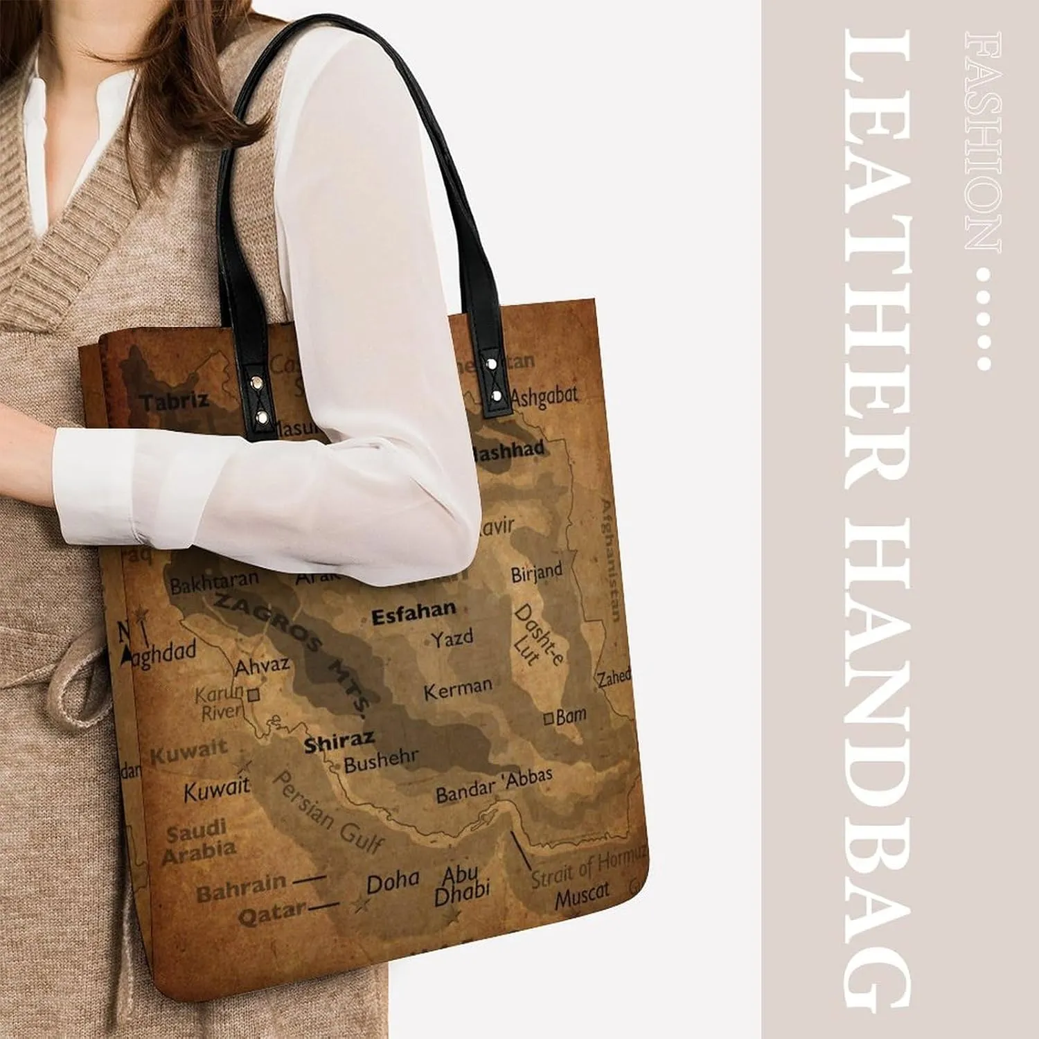 Vintage Maps of of Iran Leather Handbags Shoping Bag Women Large Capacity Beach Bag