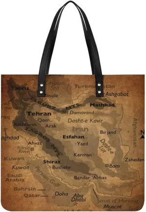 Vintage Maps of of Iran Leather Handbags Shoping Bag Women Large Capacity Beach Bag