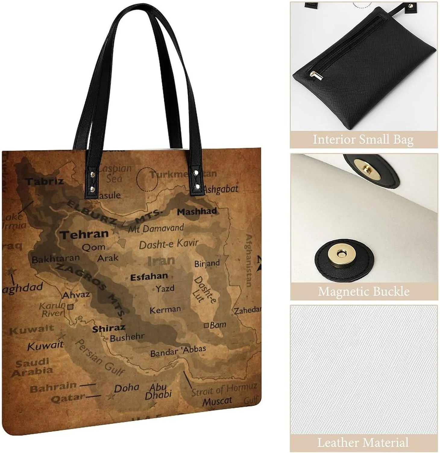 Vintage Maps of of Iran Leather Handbags Shoping Bag Women Large Capacity Beach Bag