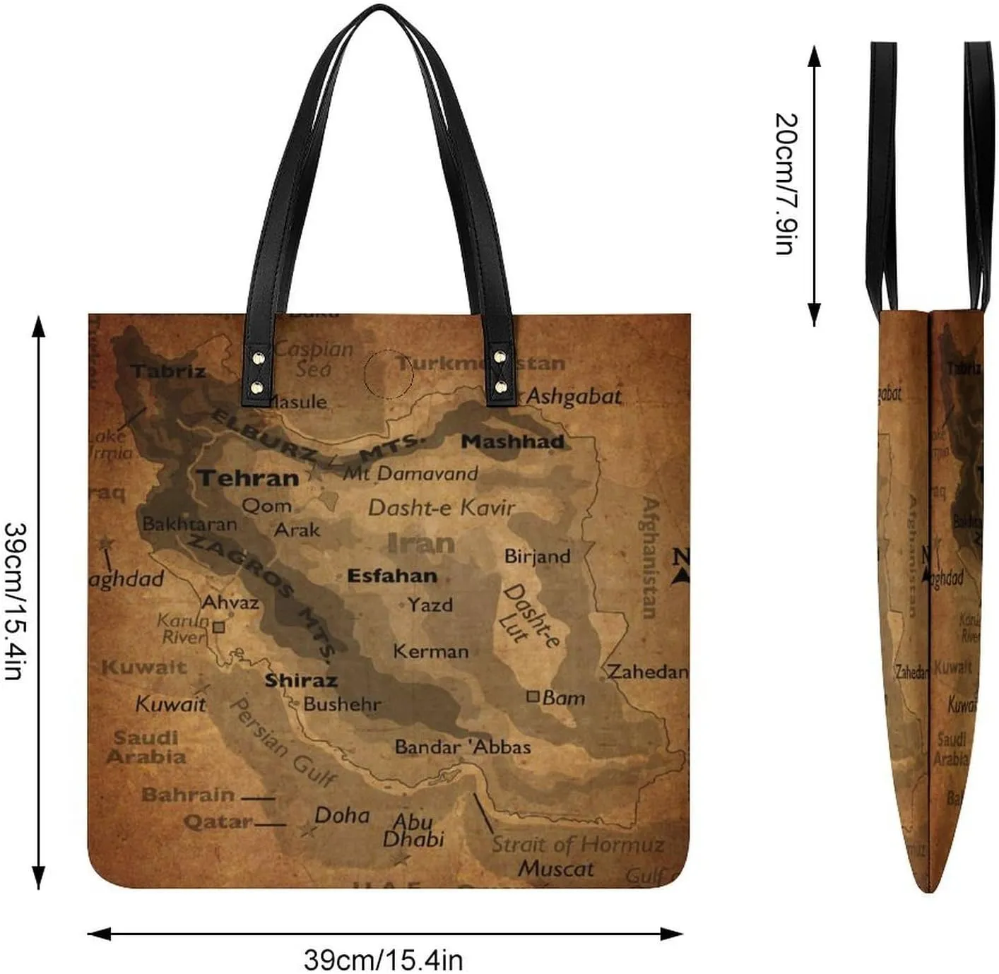 Vintage Maps of of Iran Leather Handbags Shoping Bag Women Large Capacity Beach Bag