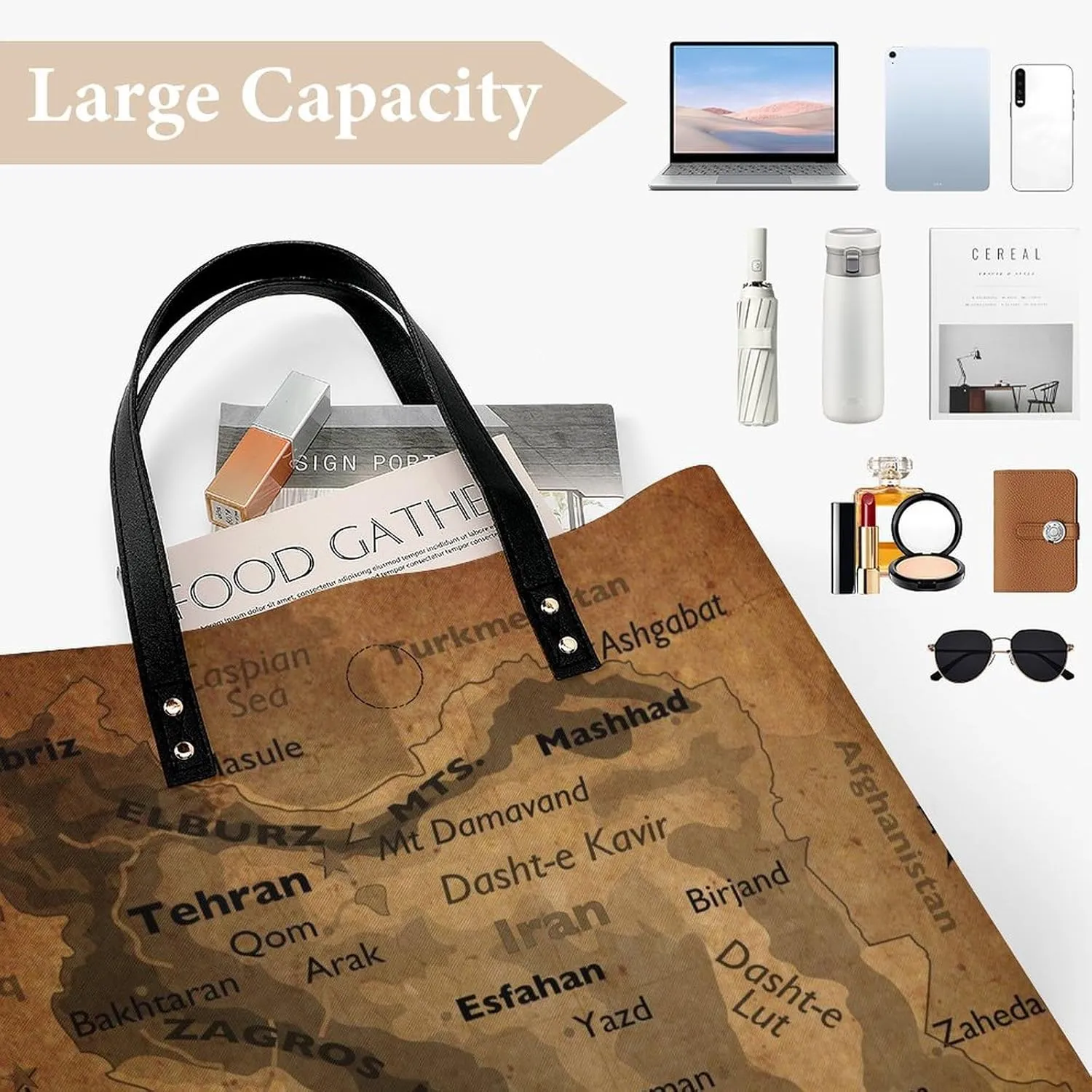 Vintage Maps of of Iran Leather Handbags Shoping Bag Women Large Capacity Beach Bag