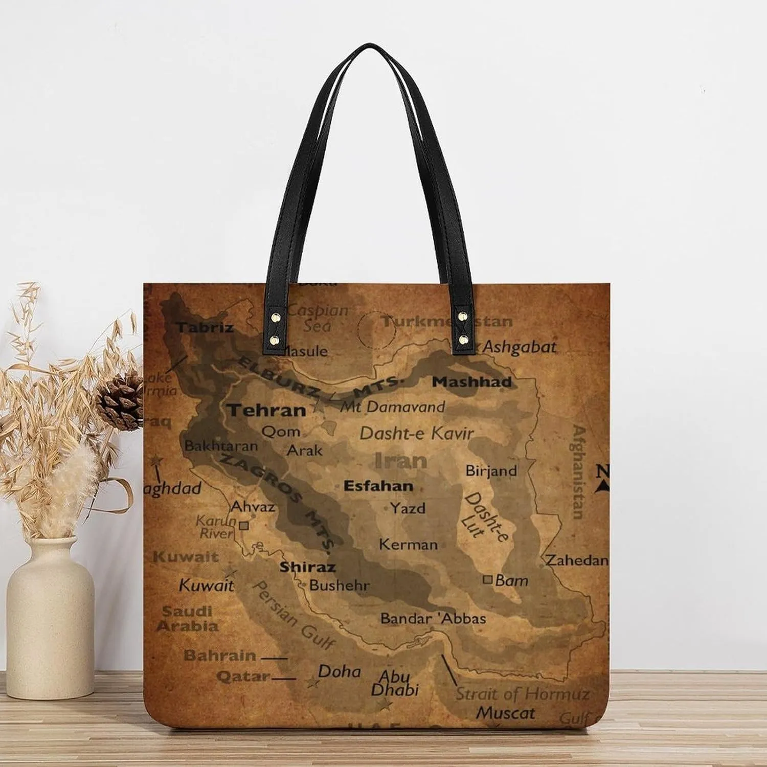 Vintage Maps of of Iran Leather Handbags Shoping Bag Women Large Capacity Beach Bag