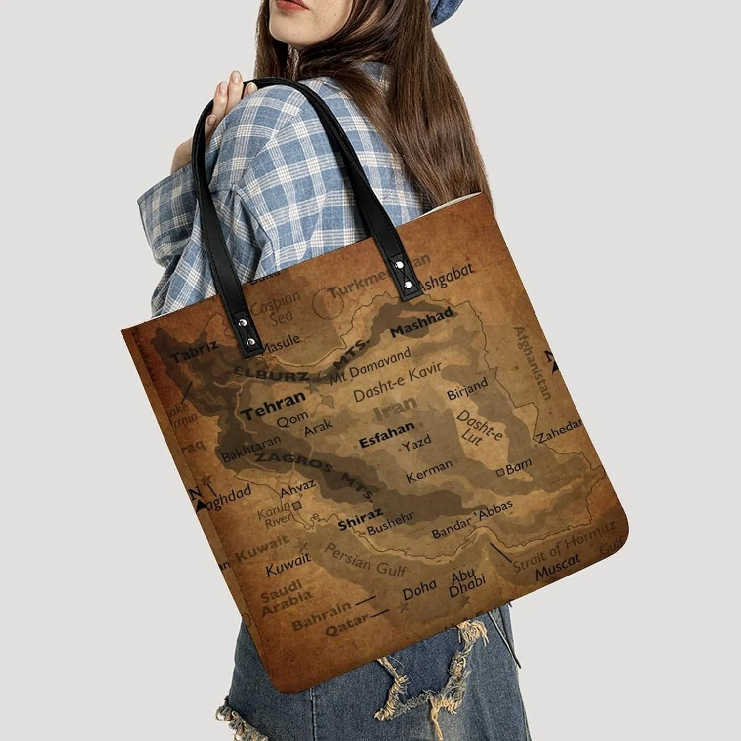 Vintage Maps of of Iran Leather Handbags Shoping Bag Women Large Capacity Beach Bag